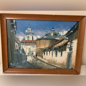 Rustic Vintage Old Cathedral City Scene Original Oil Painting On Cloth Signed